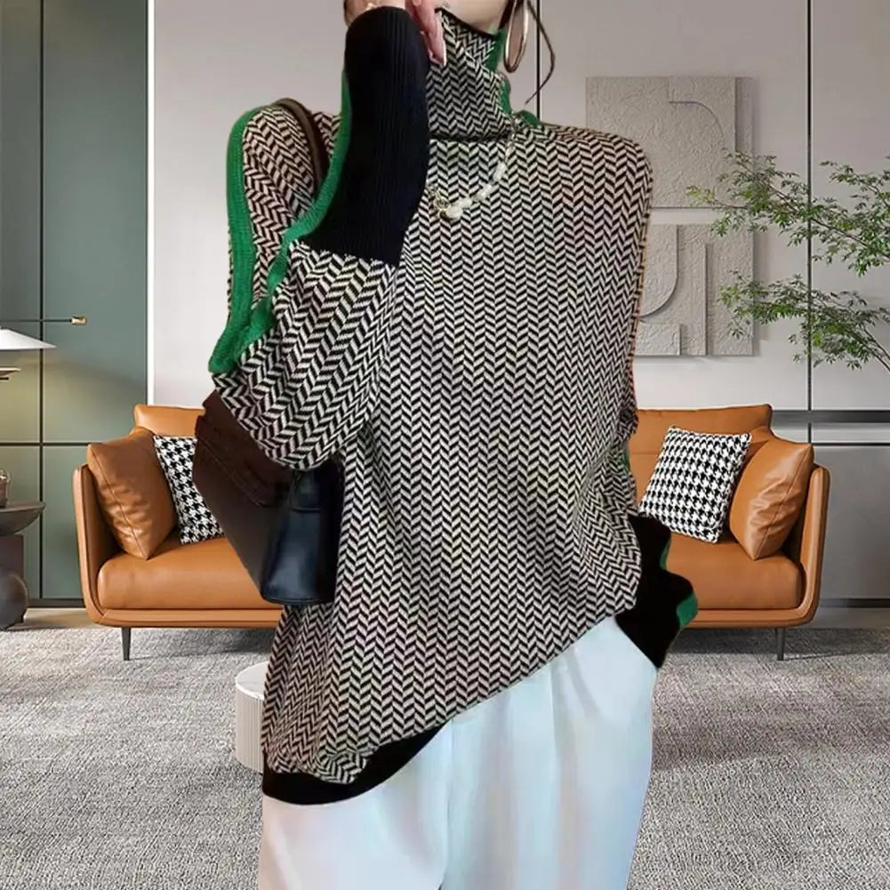 Women's Contrast Knit Turtleneck Sweater – Warm Pullover