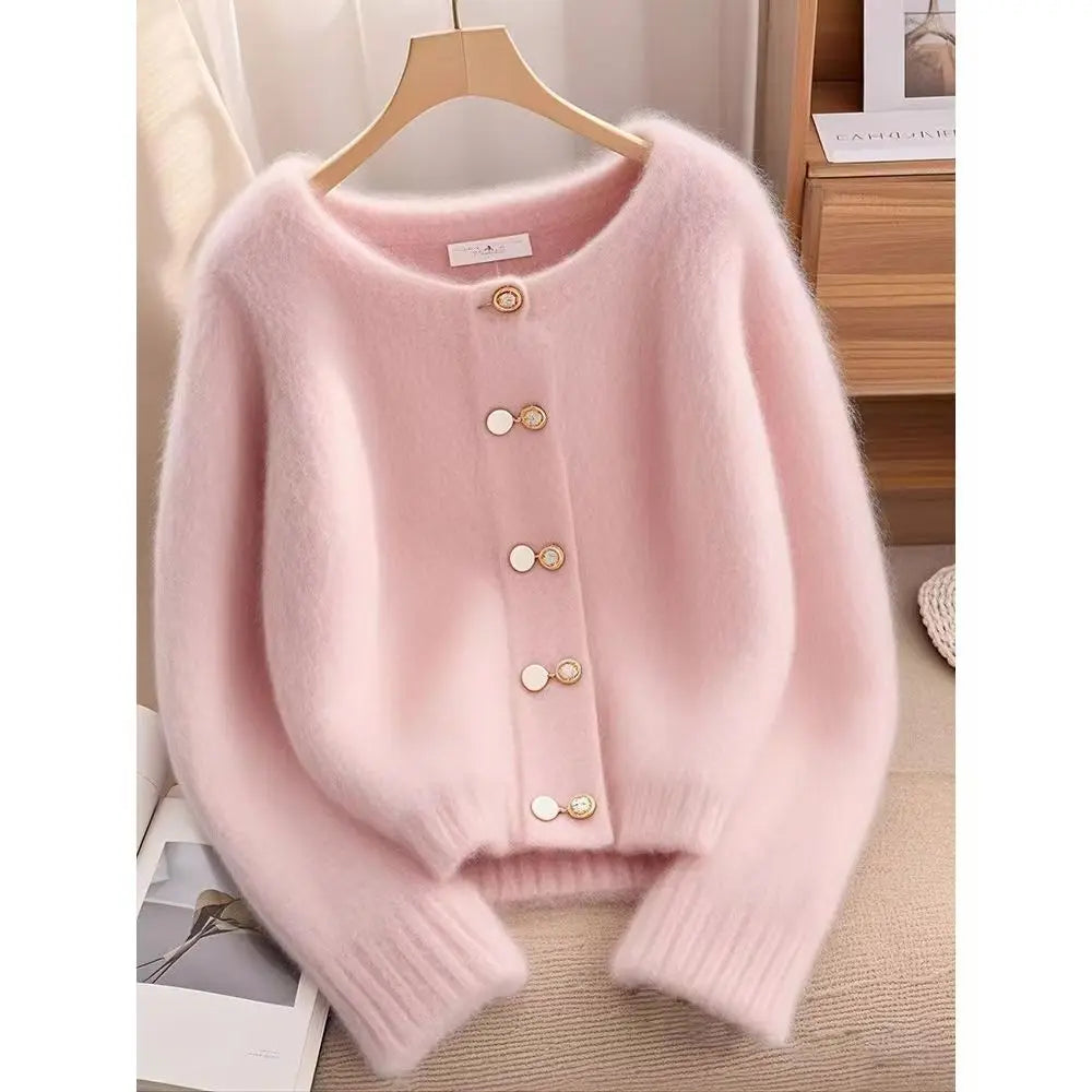 Casual Pink Knit Cardigan – Warm Women's Sweater