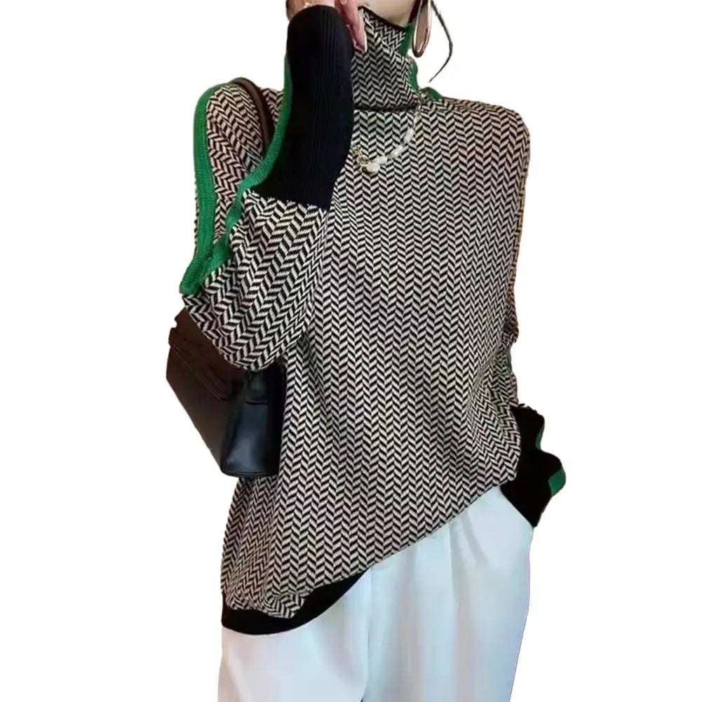 Women's Contrast Knit Turtleneck Sweater – Warm Pullover