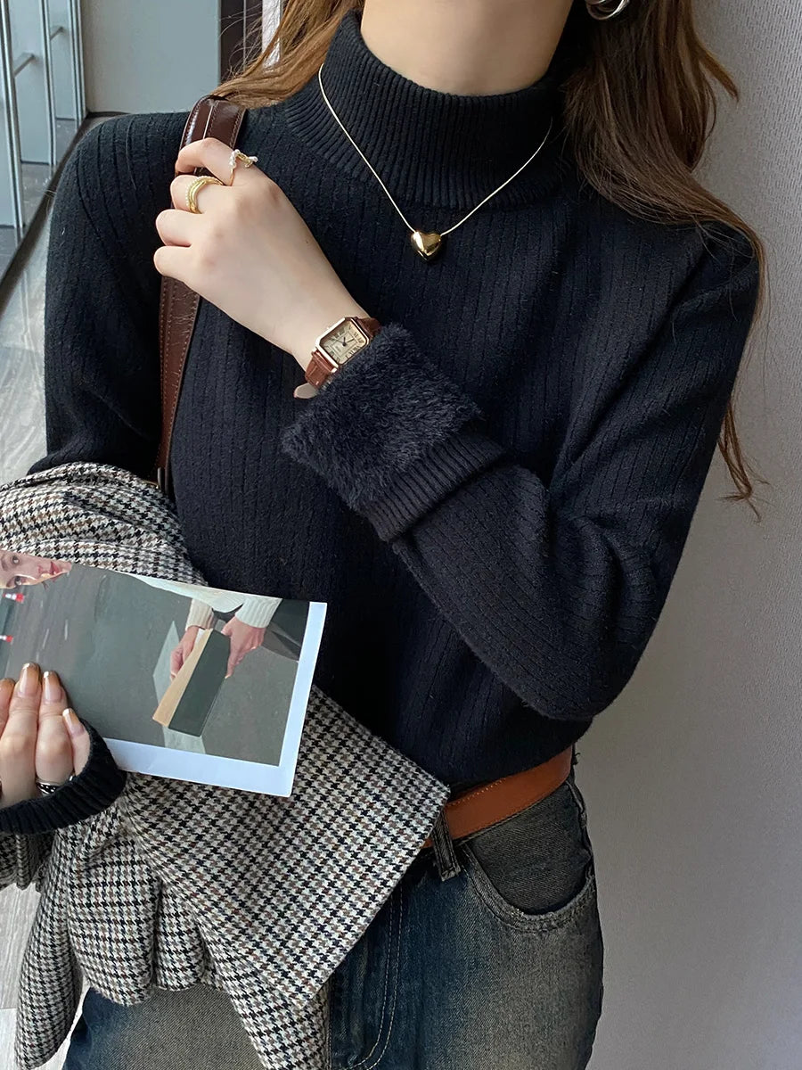 Retro Turtleneck Sweater – Warm Velvet Lined Pullover